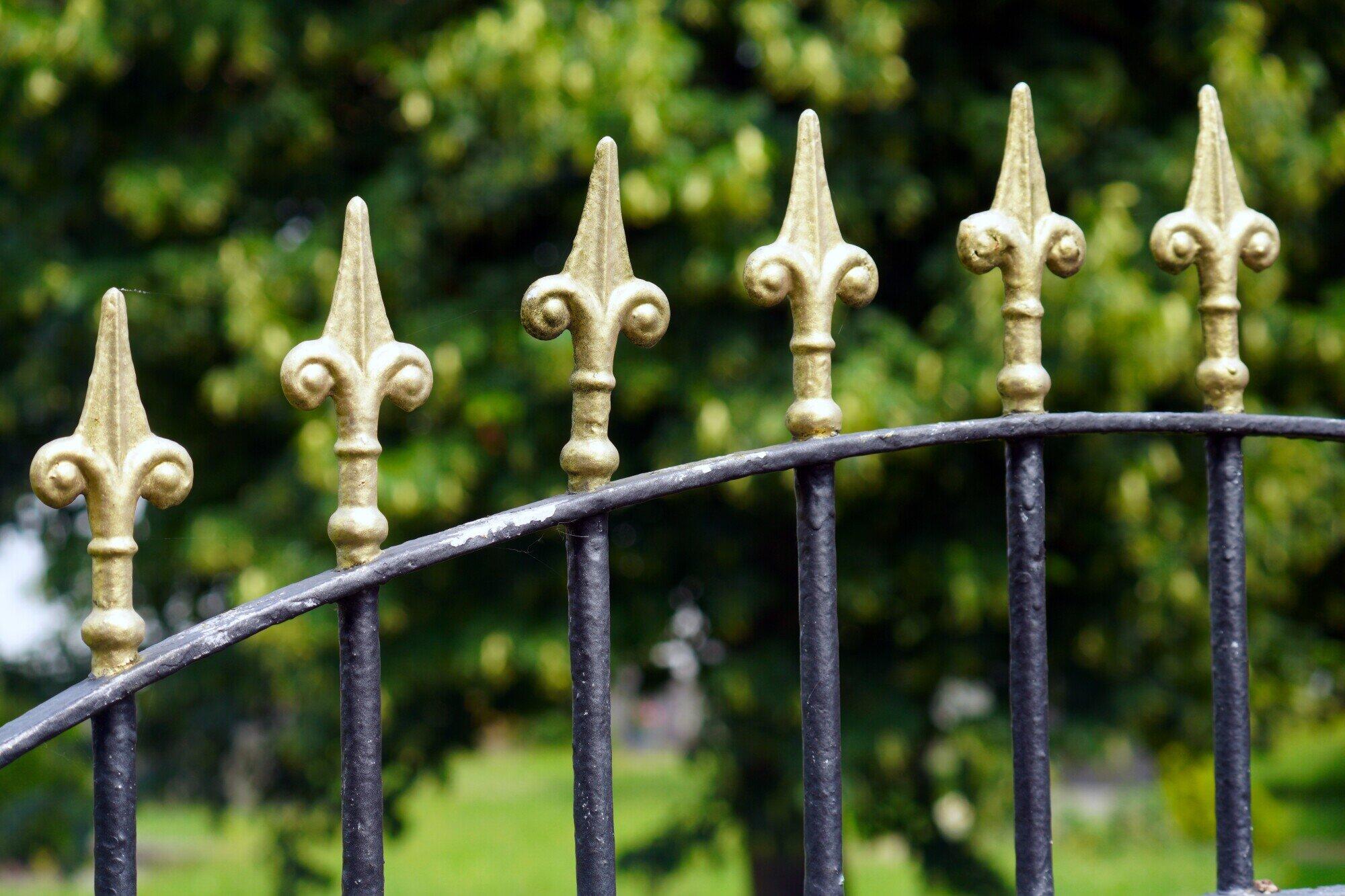 black and gold wrought iron fence with fleur de lis at the top